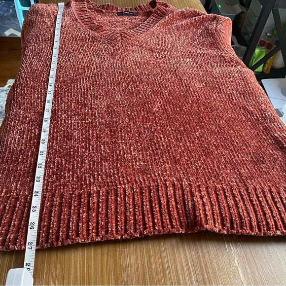 Zara Chenille Chunky Knit Oversized V-neck Cozy Pullover Sweater Rust Spiced Red - Picture 7 of 13